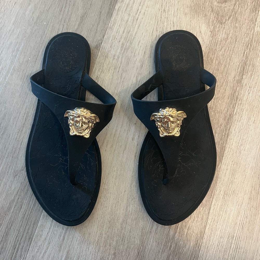 Versace Black Sandals with Gold Medusa Emblem